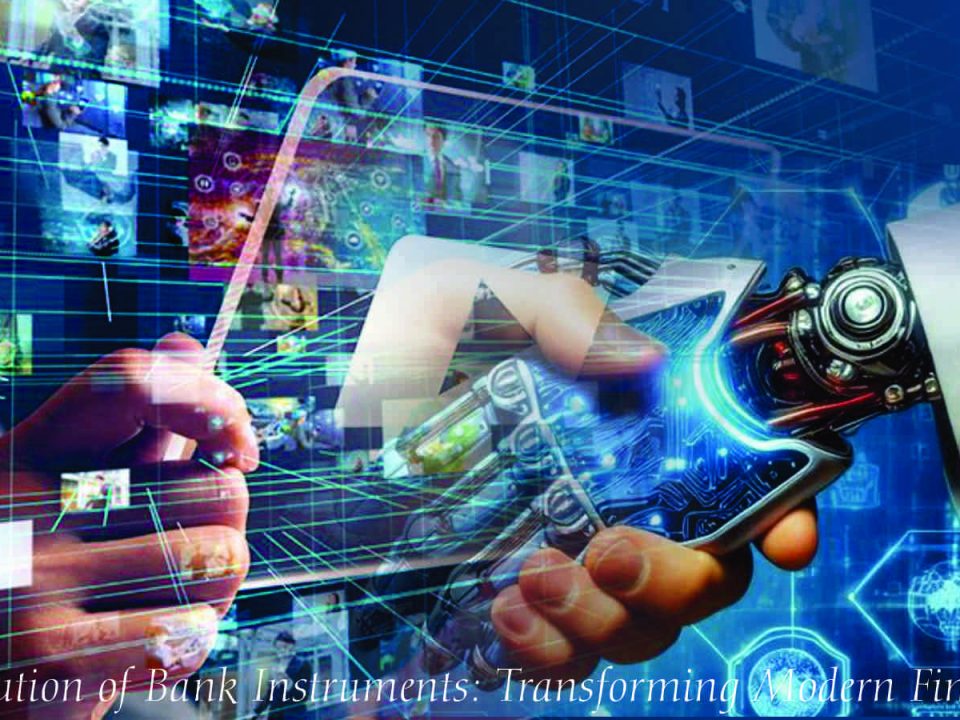 Evolution of banking illustrated through a futuristic digital finance concept. A robotic and human handshake symbolizes AI-driven banking, blockchain technology, and the transformation of financial instruments in the modern digital era