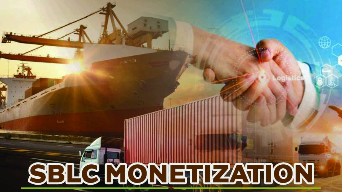 Monetizing Standby Letters of Credit. SBLC monetization concept with handshake, cargo ship, and logistics network overlay.