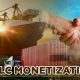 Monetizing Standby Letters of Credit. SBLC monetization concept with handshake, cargo ship, and logistics network overlay.