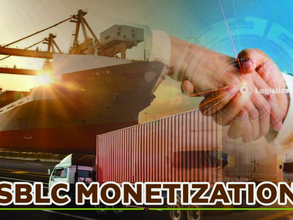 Monetizing Standby Letters of Credit. SBLC monetization concept with handshake, cargo ship, and logistics network overlay.